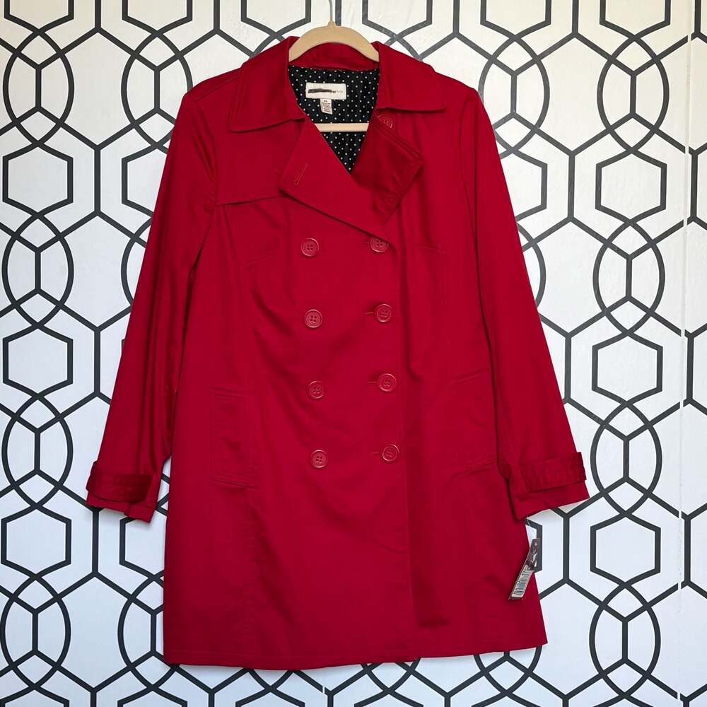 JM Collection Petite L Red Double Breasted Trench Coat